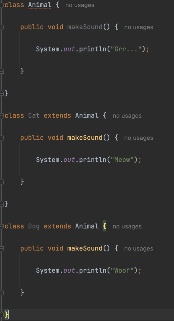 En este ejemplo de polimorfismo la clase animal, tiene el método abstracto "makeSound", el cual toma un valor diferente para cada subclase (en gatos es "Meow", en perros "Woof")